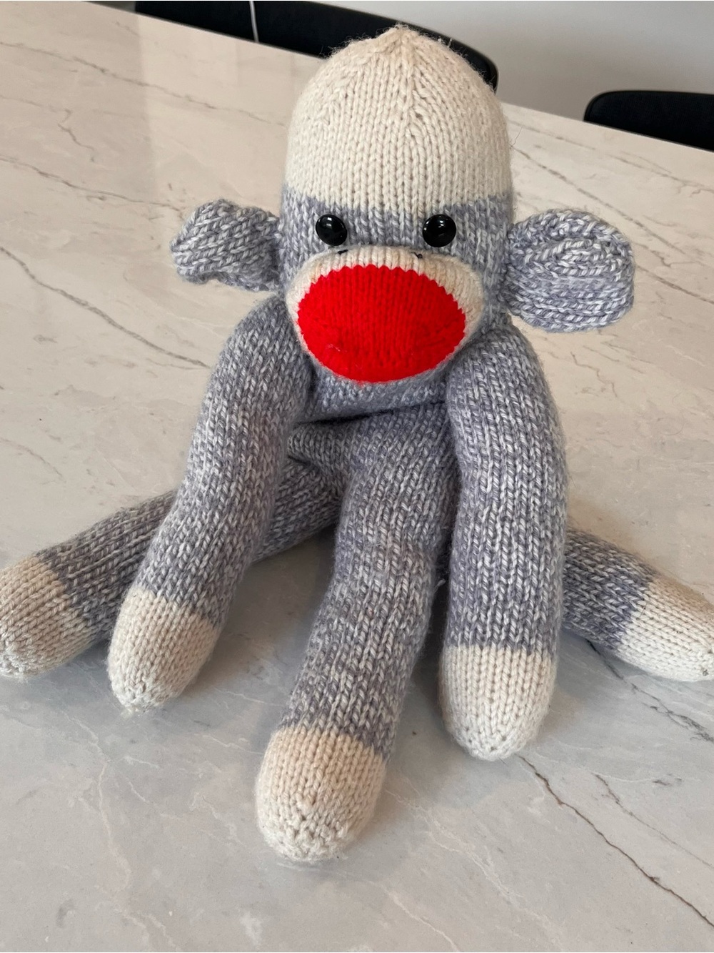 Hand-Knit Grey & Cream Sock Monkey Plush with Red Mouth